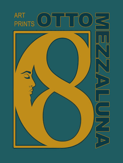 Otto Mezzaluna Logo. A crescent moon with a peaceful face side profile looking to the right. Number 8 interwoven with the moon. Petrol blue, teal green and mustard yellow bold colours. Otto Mezzaluna Art Prints flanks the top and left side of the image 